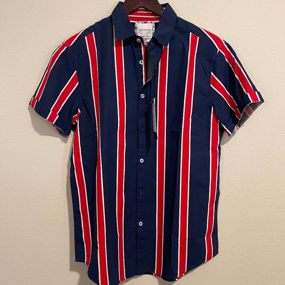 Ricky & Micky Red/White Striped Men’s Shirt - Size M | 100% Cotton, Short Sleeve